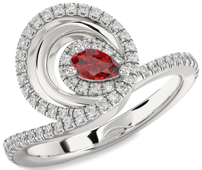 Diamond Ruby Silver Pear Pave Promise Ring