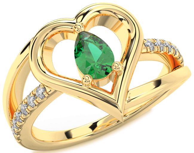 Diamond Emerald Gold Heart Solitaire Engagement Ring