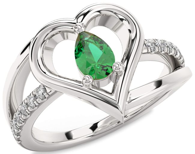 Diamond Emerald Silver Heart Solitaire Engagement Ring