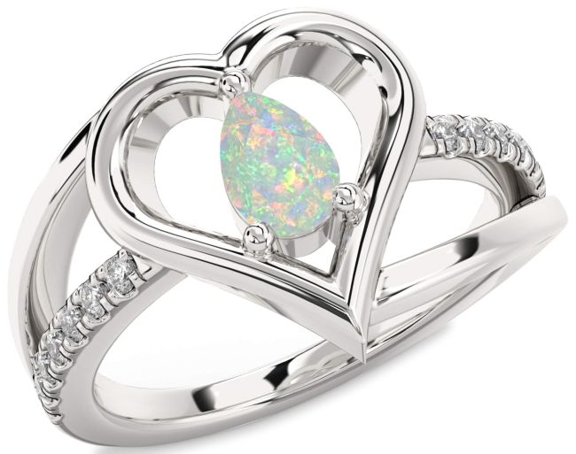 Diamond Opal Silver Heart Solitaire Engagement Ring