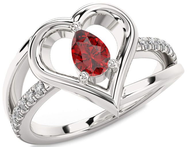 Diamond Ruby Silver Heart Solitaire Engagement Ring