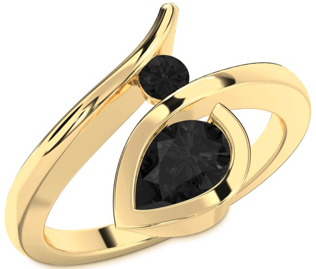 Black Diamond Gold Silver Pear Two Stone Ring