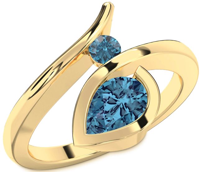 Blue Diamond Gold Silver Pear Two Stone Ring