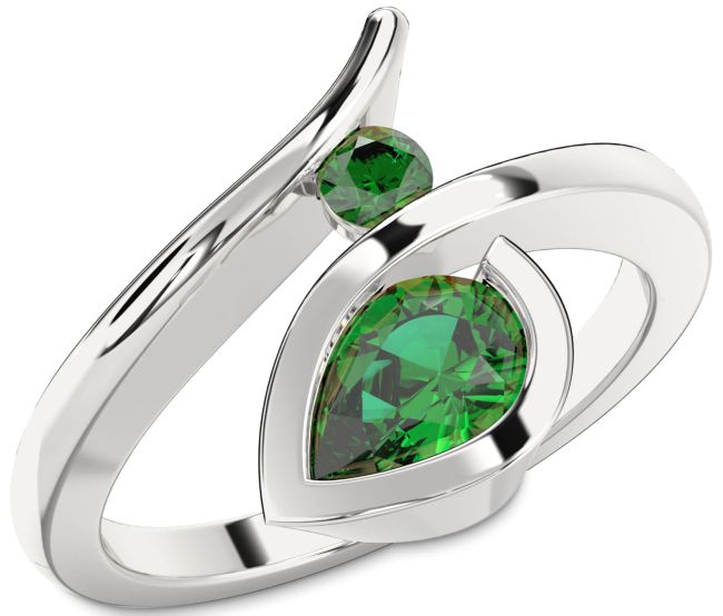 Emerald Silver Pear Two Stone Ring