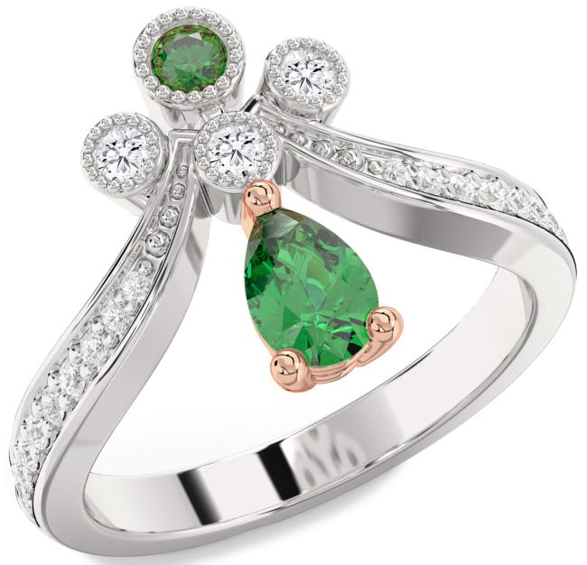 Diamond Emerald Platinum & Rose Gold Pear Two Stone Ring