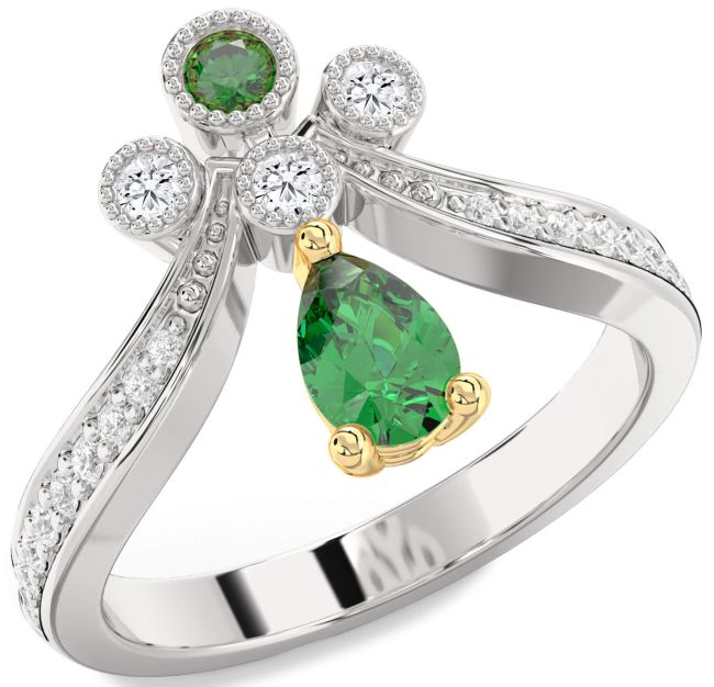 Diamond Emerald Gold Silver Pear Two Stone Ring
