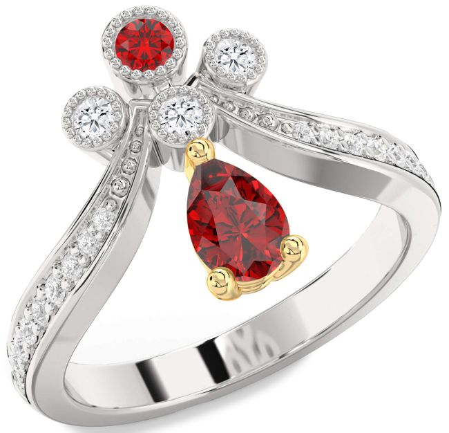 Diamond Ruby Gold Silver Pear Two Stone Ring