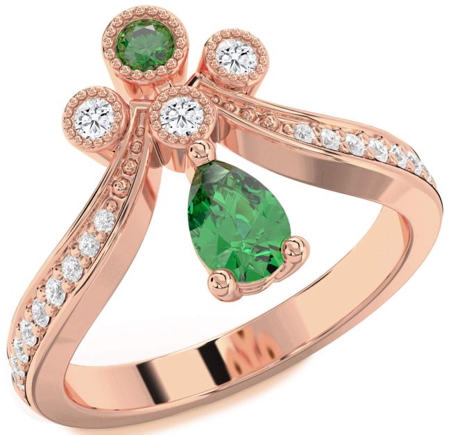 Diamond Emerald Rose Gold Silver Pear Two Stone Ring
