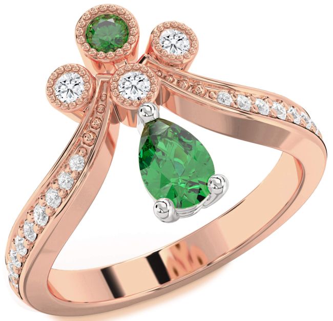 Diamond Emerald Rose Gold Silver Pear Two Stone Ring