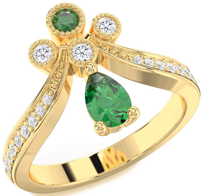 Diamond Emerald Gold Pear Two Stone Ring