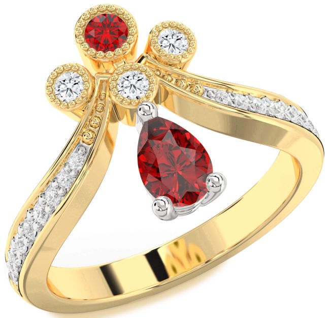 Diamond Ruby Gold Silver Pear Two Stone Ring