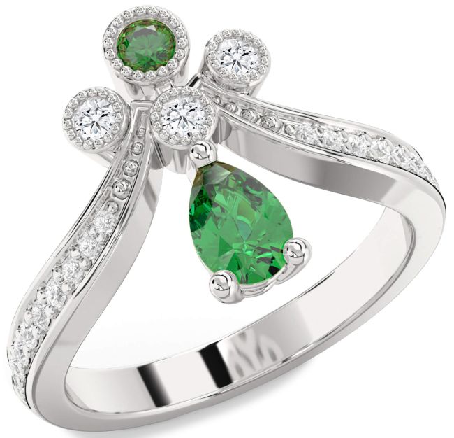 Diamond Emerald Silver Pear Two Stone Ring