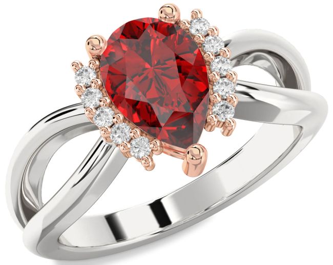 Diamond Ruby Rose Gold Silver Pear Solitaire Engagement Ring