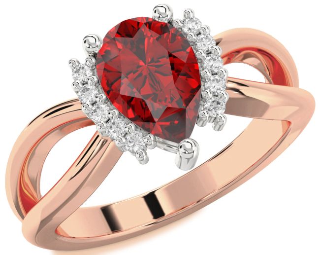 Diamond Ruby Rose Gold Silver Pear Solitaire Engagement Ring