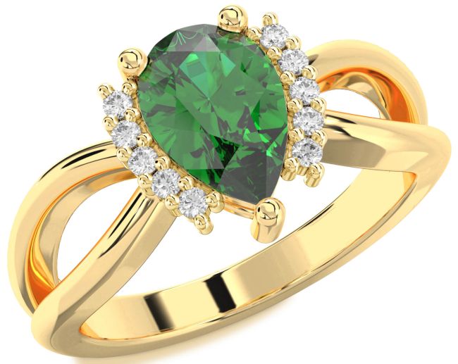Diamond Emerald Gold Pear Solitaire Engagement Ring