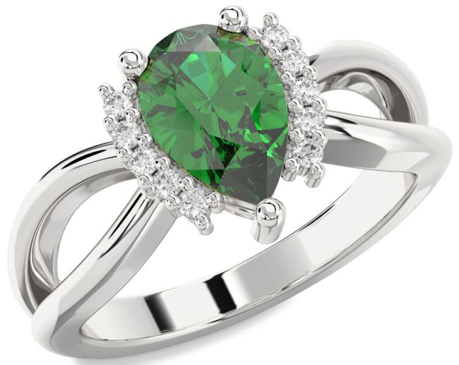 Diamond Emerald Silver Pear Solitaire Engagement Ring
