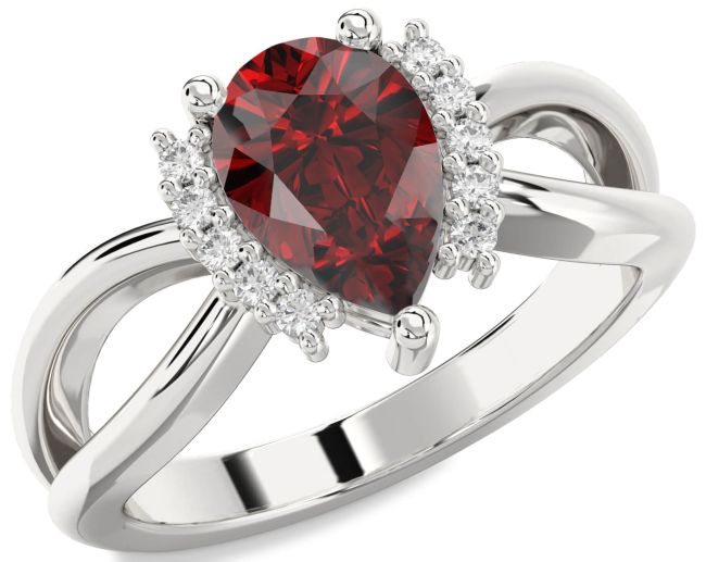 Diamond Garnet Silver Pear Solitaire Engagement Ring