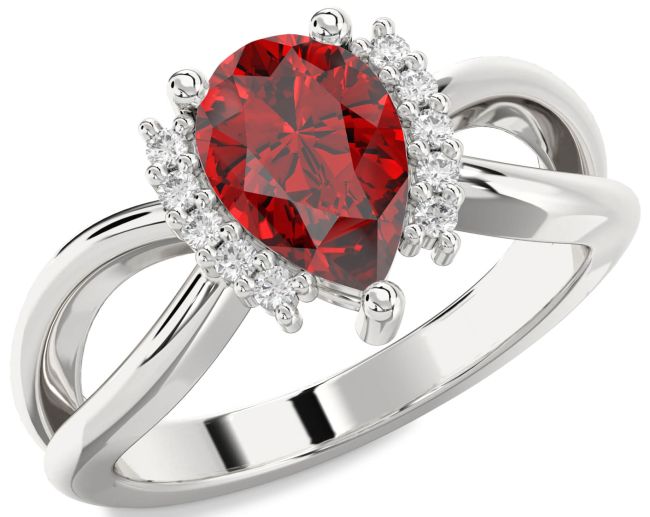 Diamond Ruby Silver Pear Solitaire Engagement Ring