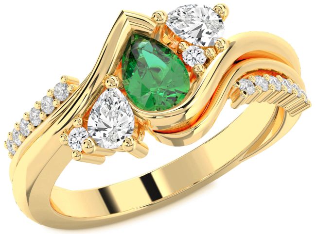 Diamond Emerald Gold Pear Three Stone Engagement Ring