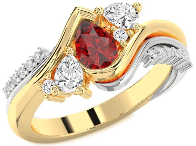Diamond Ruby Gold Silver Pear Three Stone Engagement Ring