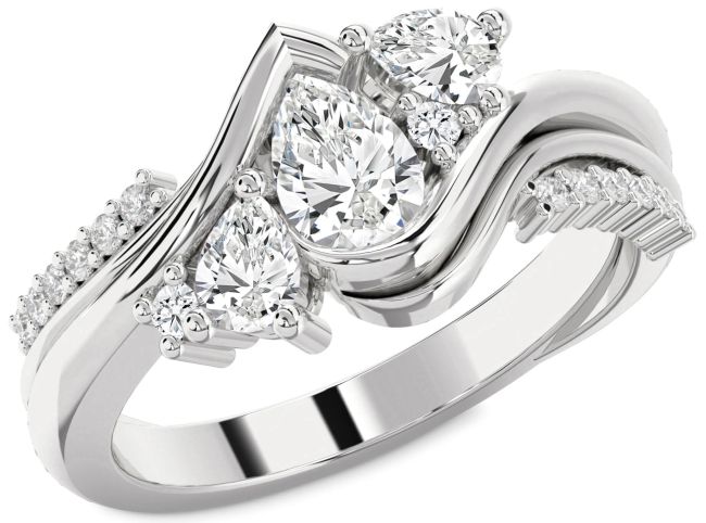 Diamond Silver Pear Three Stone Engagement Ring
