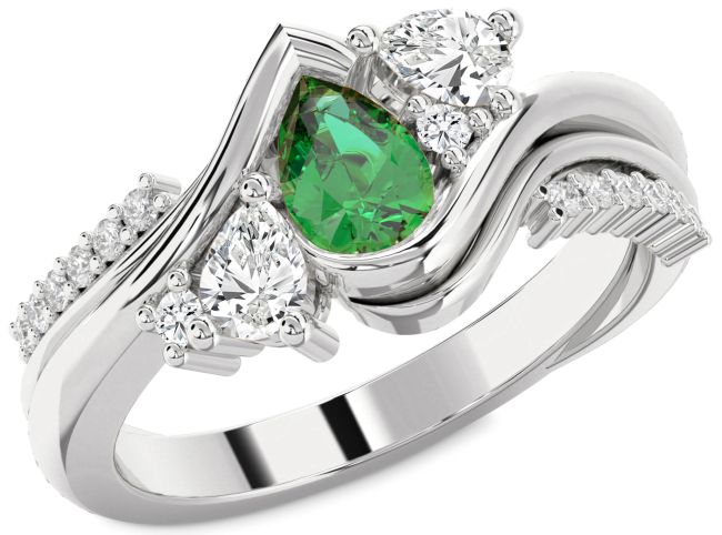 Diamond Emerald Silver Pear Three Stone Engagement Ring