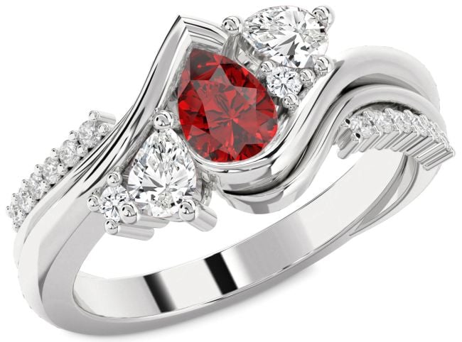 Diamond Ruby Silver Pear Three Stone Engagement Ring