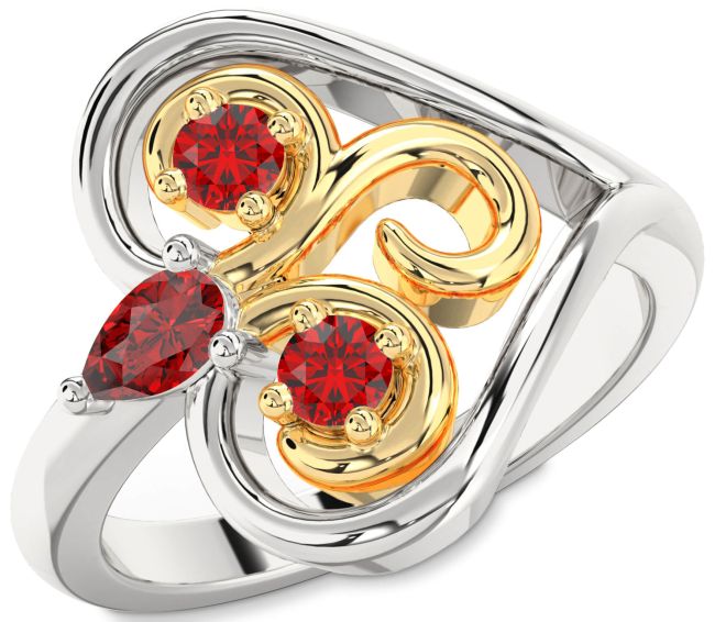 Ruby Gold Silver Heart Three Stone Birthstone Ring