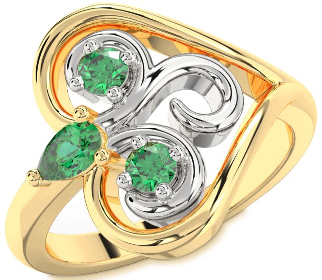 Emerald Gold Silver Heart Three Stone Birthstone Ring