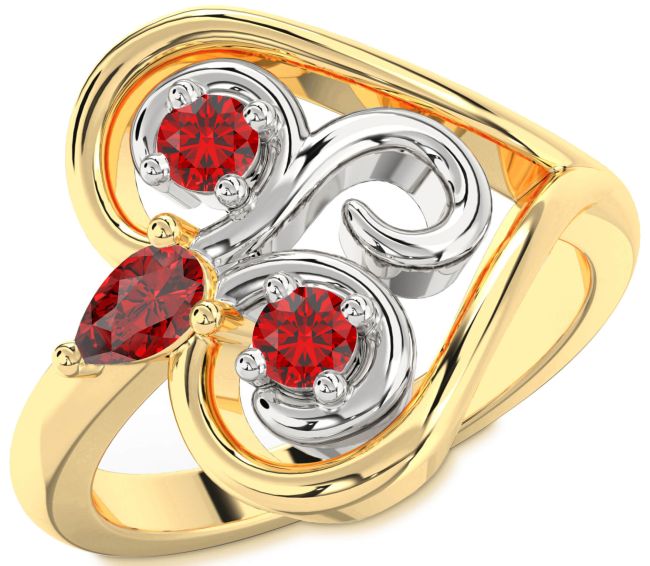 Ruby Gold Silver Heart Three Stone Birthstone Ring