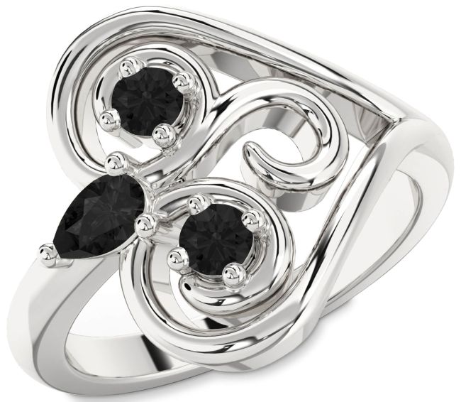 Black Diamond Silver Heart Three Stone Ring