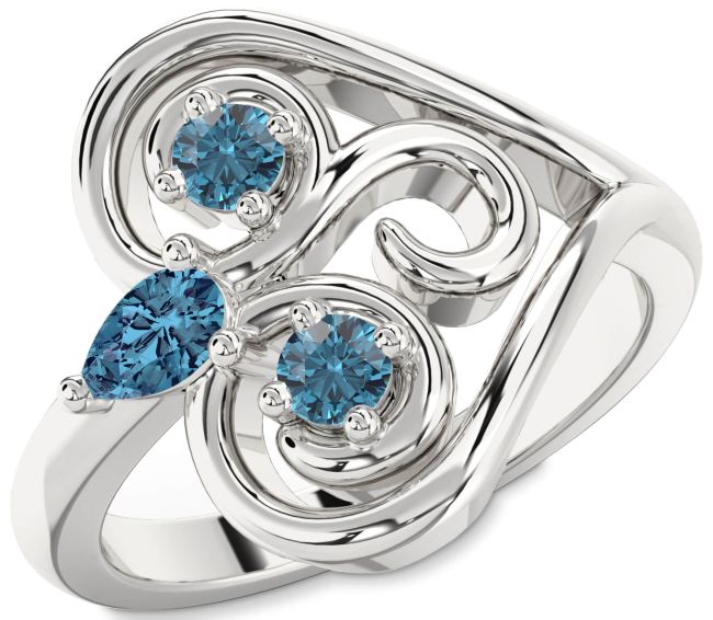 Blue Diamond Silver Heart Three Stone Ring