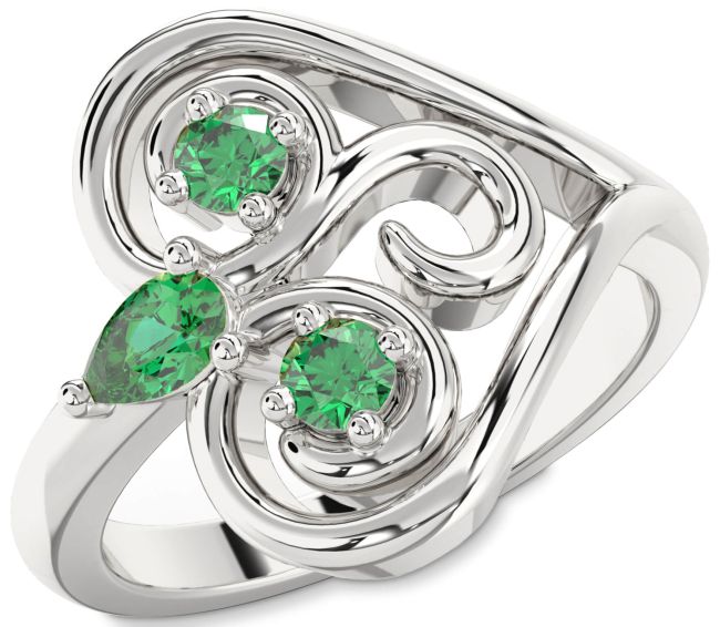 Emerald Silver Heart Three Stone Birthstone Ring