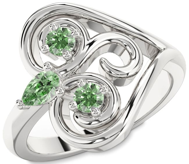 Green Diamond Silver Heart Three Stone Ring