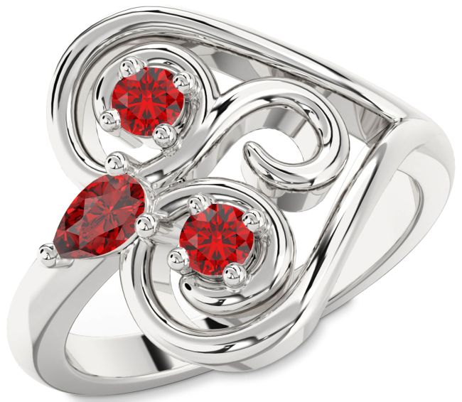 Ruby Silver Heart Three Stone Birthstone Ring