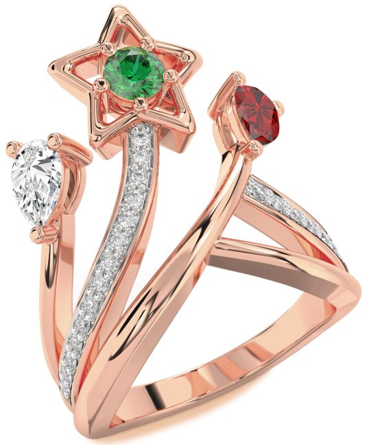 Diamond Rose Gold Silver Star Round Three Stone Mother's Ring