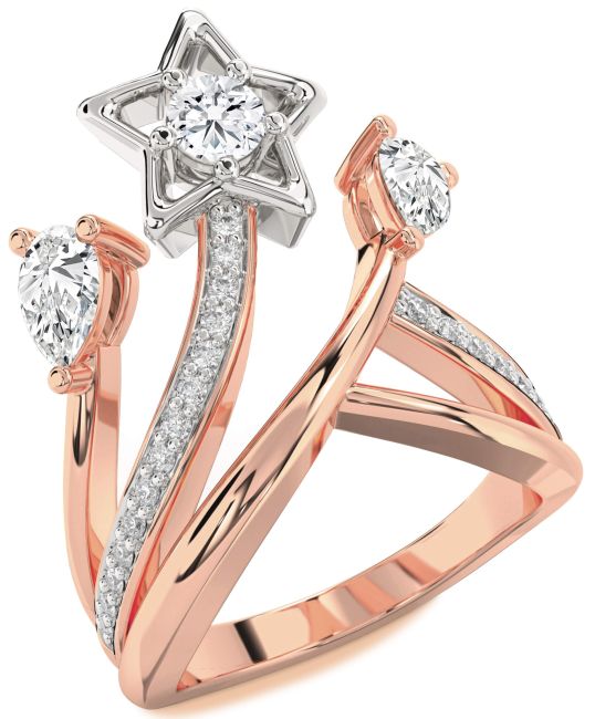 Diamond White Rose Gold Star Round Three Stone Ring