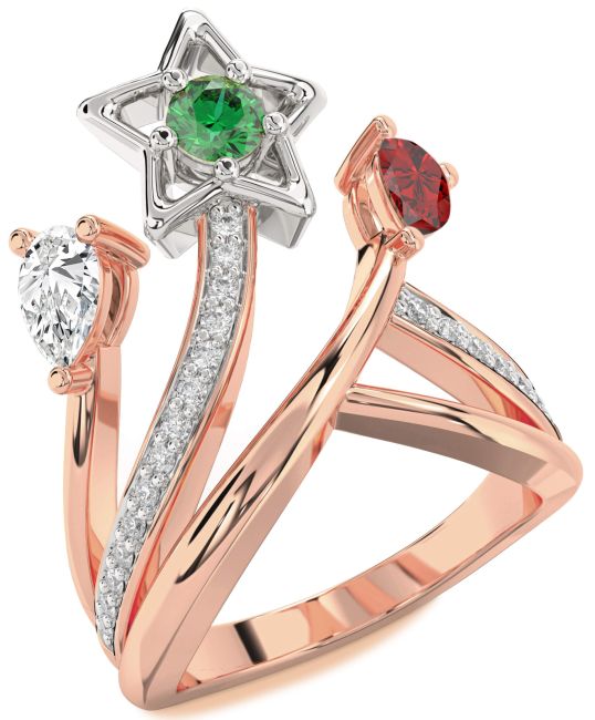 Diamond White Rose Gold Star Round Three Stone Mother's Ring