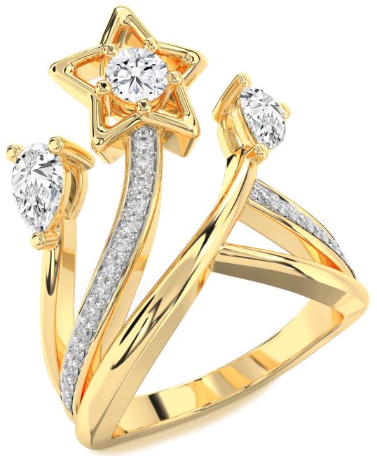 Diamond Gold Silver Star Round Three Stone Ring