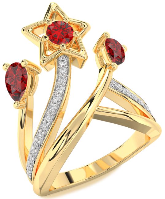 Diamond Ruby Gold Star Round Three Stone Birthstone Ring