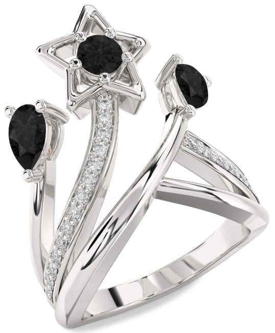Black Diamond Silver Star Round Three Stone Ring