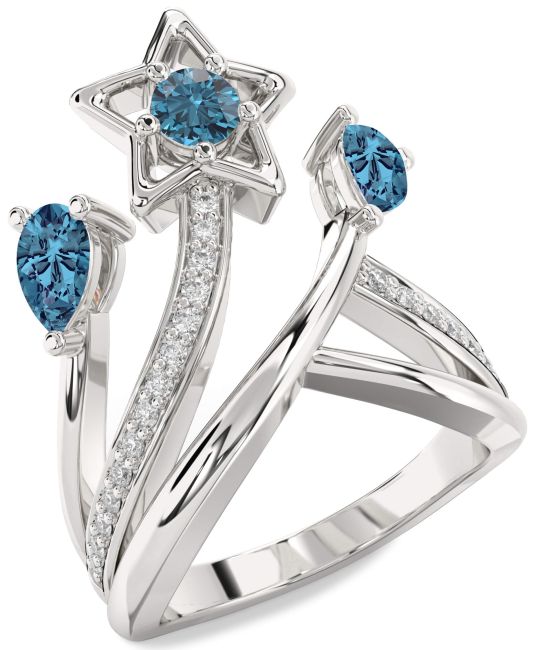 Blue Diamond Silver Star Round Three Stone Ring