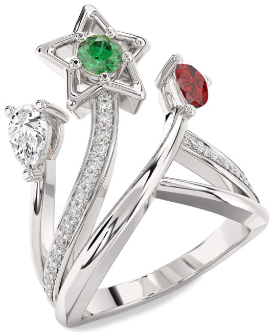 Diamond Silver Star Round Three Stone Mother's Ring
