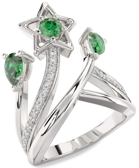 Diamond Emerald Silver Star Round Three Stone Birthstone Ring