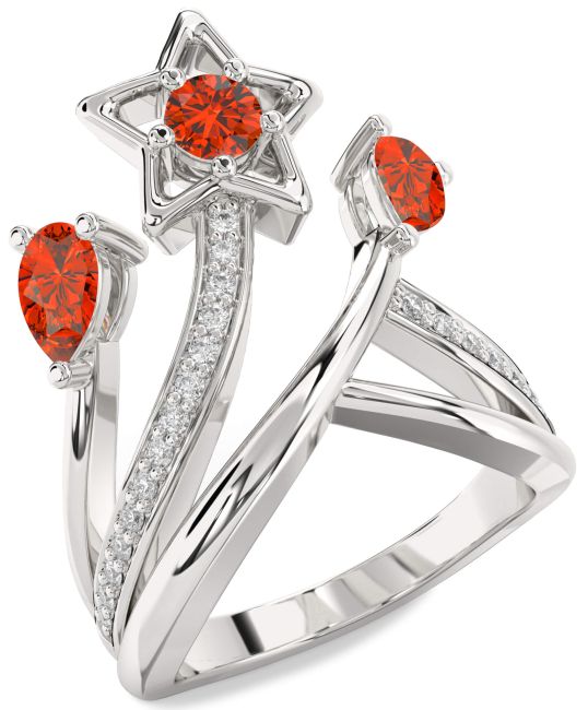 Diamond Fire Opal Silver Star Round Three Stone Ring