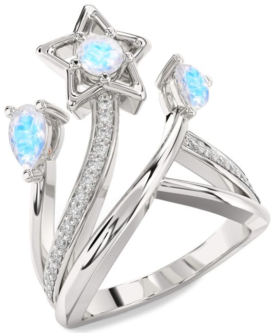 Diamond Moonstone Silver Star Round Three Stone Ring