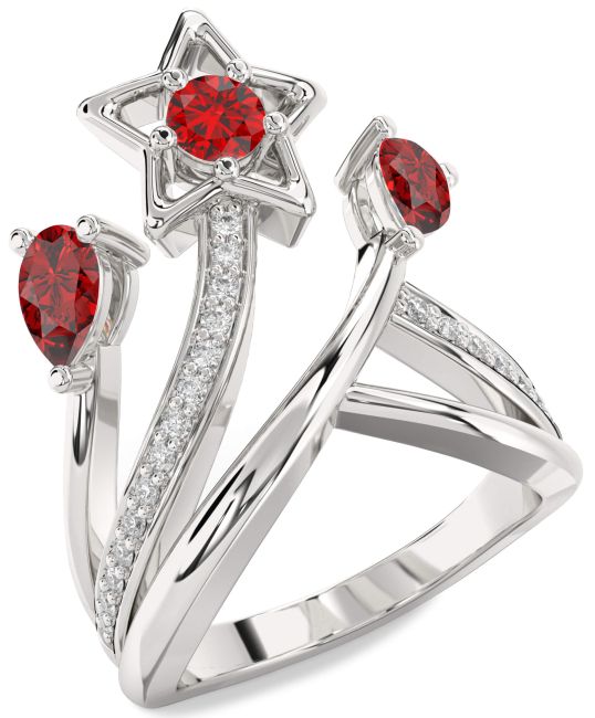 Diamond Ruby Silver Star Round Three Stone Birthstone Ring