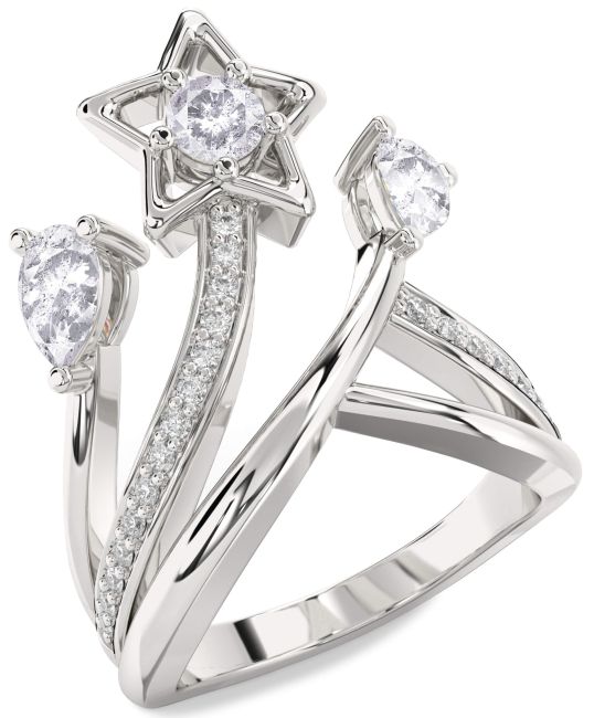 Salt & Pepper Diamond Silver Star Round Three Stone Ring