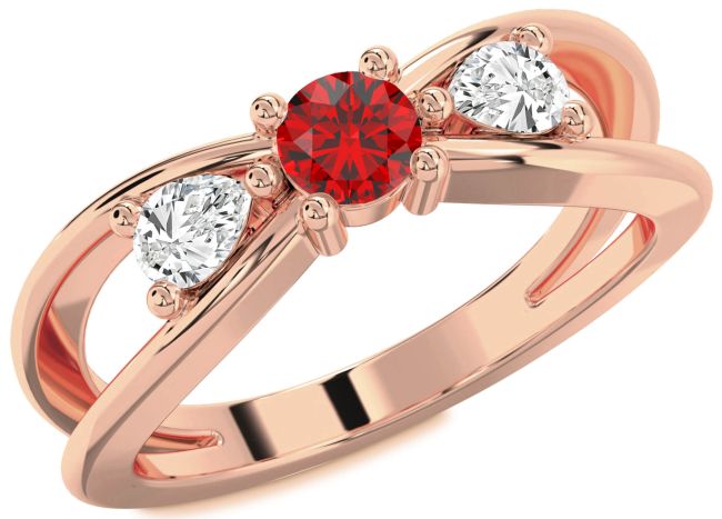Diamond Ruby Rose Gold Round Three Stone Engagement Ring