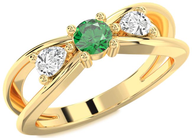 Diamond Emerald Gold Silver Round Three Stone Engagement Ring